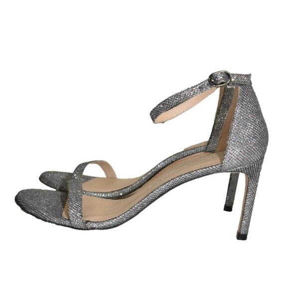 $500 STUART WEITZMAN nunaked 3.5" GLITTER GUNMETAL HEEL STRAP SANDAL 10.5 (TE10) - Picture 2 of 7